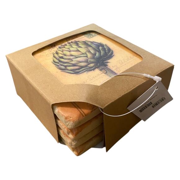 Vintage Retro Veggies Stone Cork Coasters 4 x 4" Boxed Set of 4 NEW - Picture 9 of 10